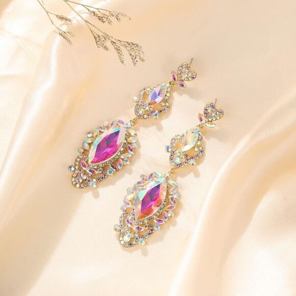 Yellow Gold with Iridescent AB Crystal Art Deco Chandelier Post Back Earrings - Picture 2 of 5